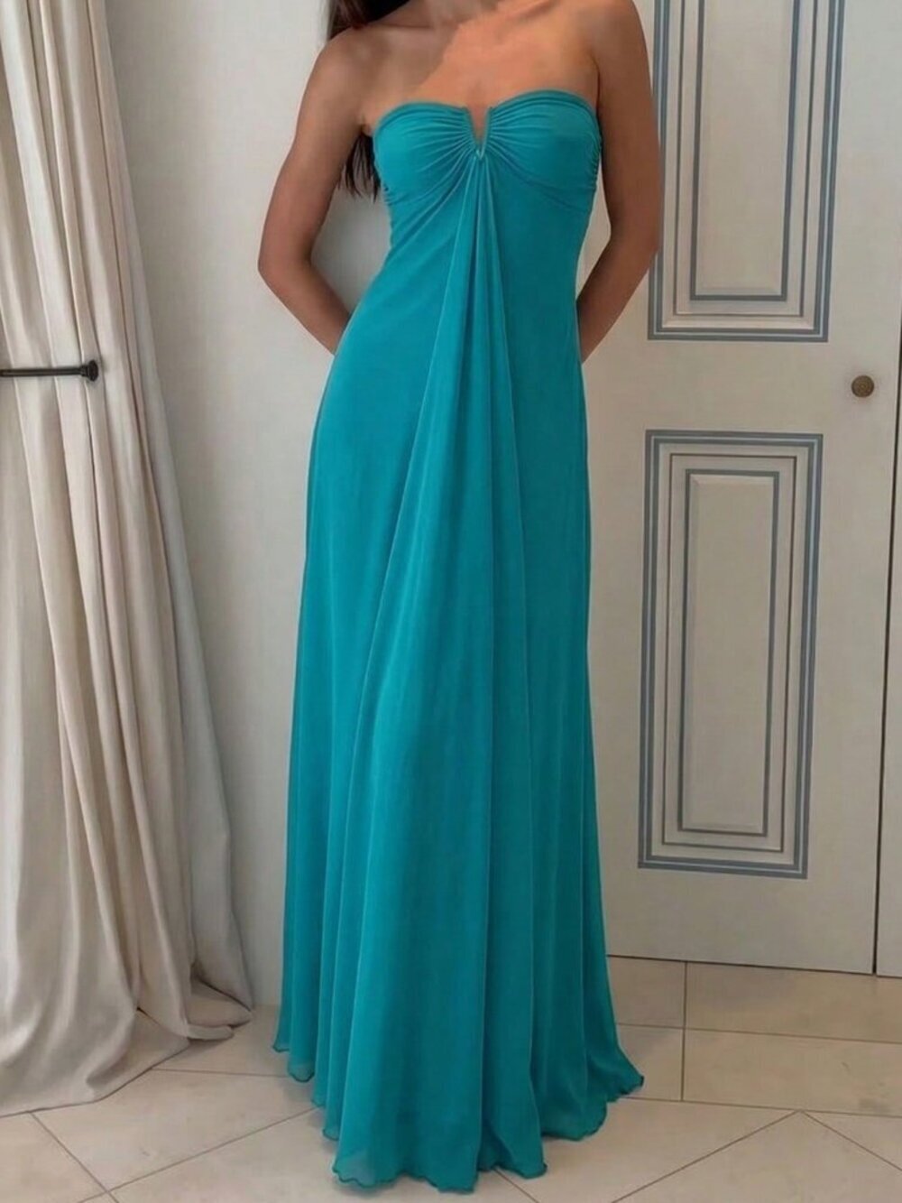 Blue Elegant Women's Romantic Strapless V-Neck Maxi Flowy Dress